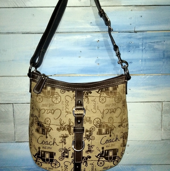 Coach Handbags - **SOLD** Authentic Coach Brown and Tan Carriage Print Shoulder Bag